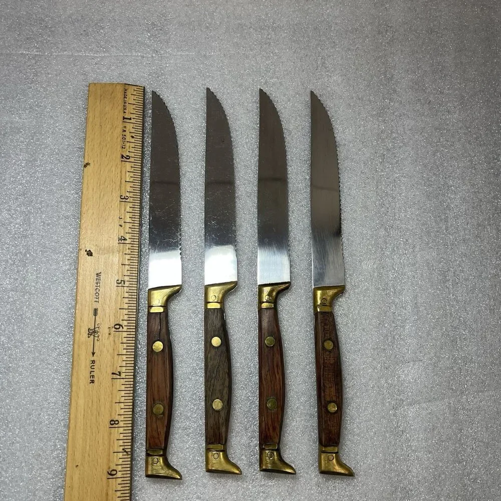 4 VTG ROWOCO Serrated Steak Knives 9”Rosewood Brass Full Tang Boot Handle France